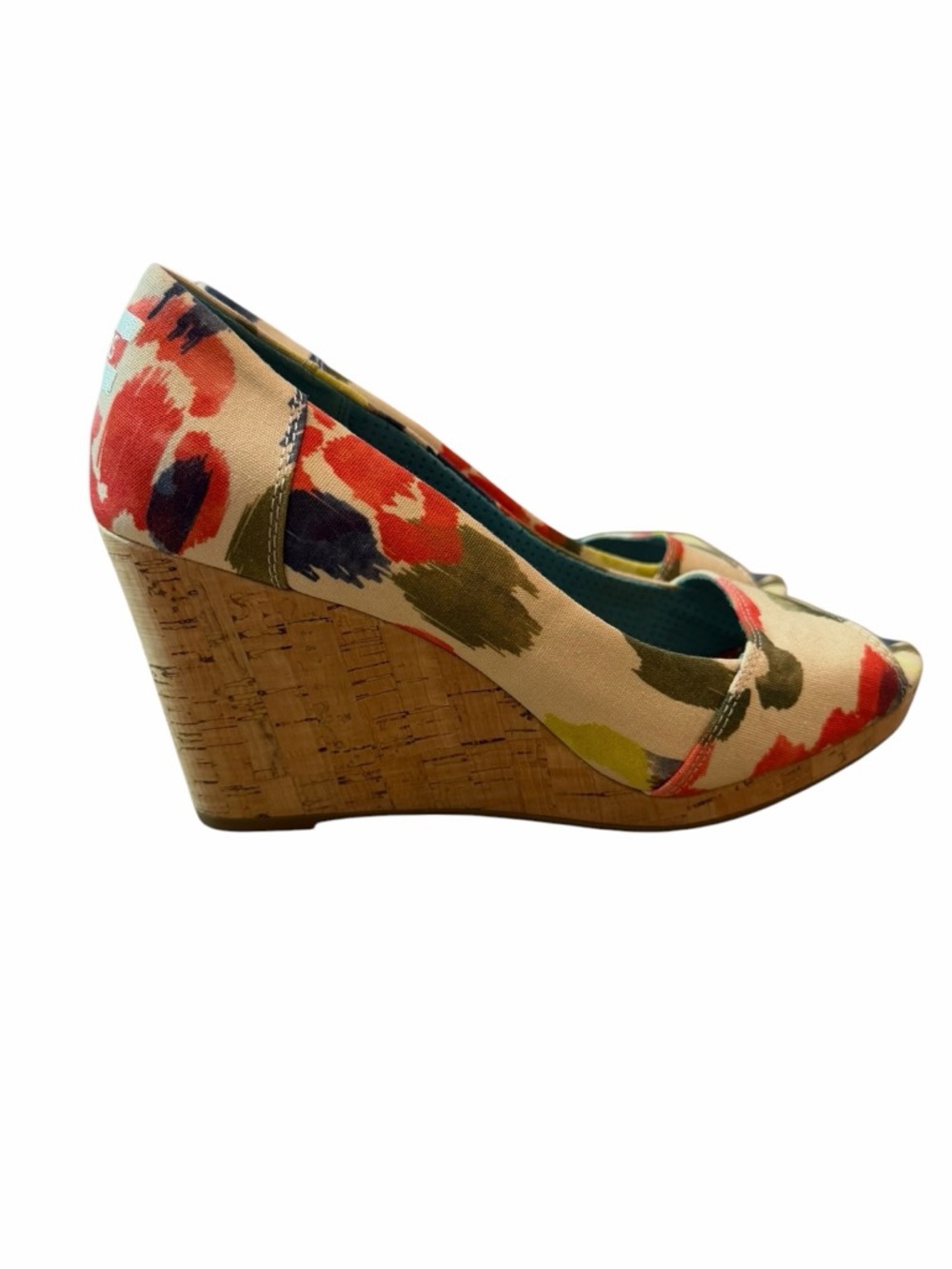 Bohemian Cottagecore Floral TOMS Cork Wedge Peep Toe Heels Size 9 - Picture 4 of 9
